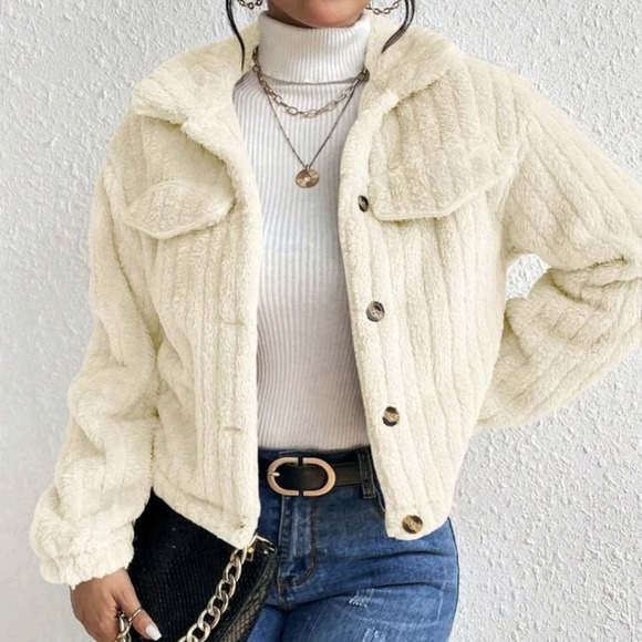 Jackets & Blazers - Women's Autumn/Winter Solid Color Plush Casual Short Jacket With Long Sleeve